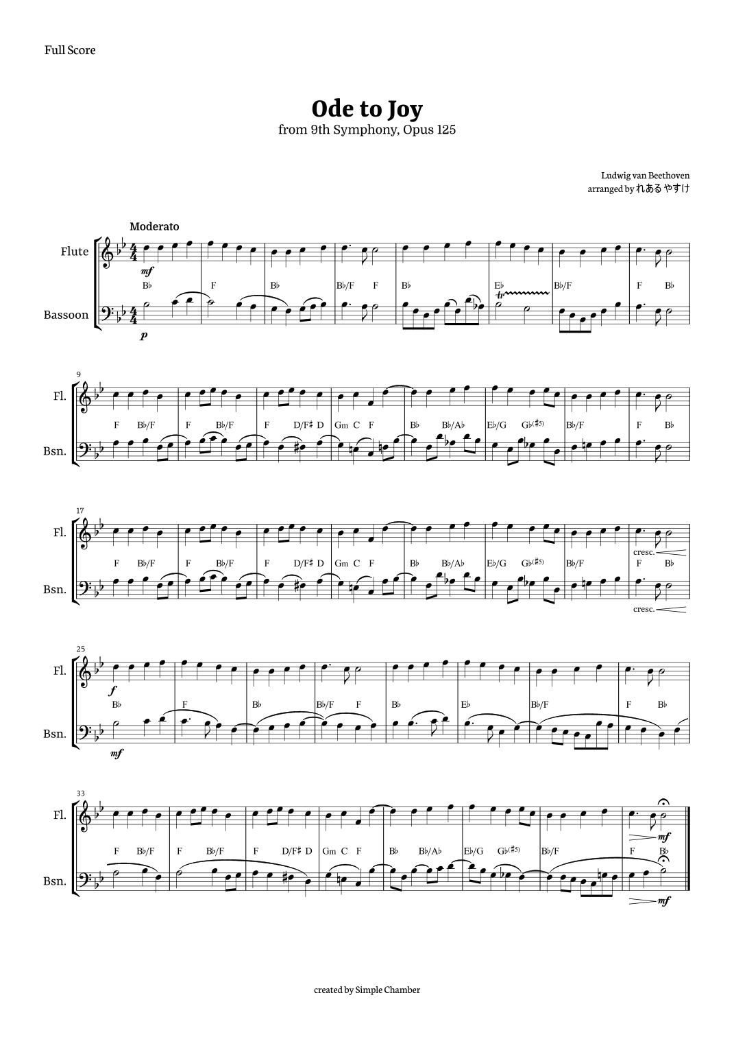 Ode to Joy for Flute and Bassoon by Beethoven Opus 125 (arr. れある やすけ)