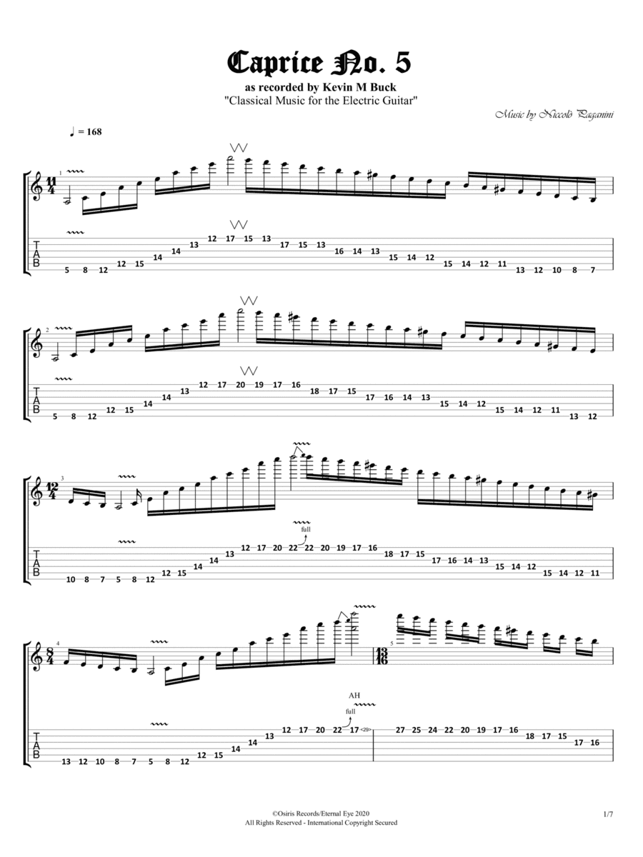 24 Caprices for Violin, Op. 1: No. 5 in A Minor (Arr. for Electric Guitar by Kevin M Buck) (arr. Eternal Eye Publishing)