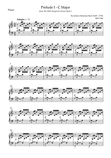 Prelude 1 in C Major BWV 846 (from Well-Tempered Clavier Book 1) for Piano Solo (arr. Fabio Britto)