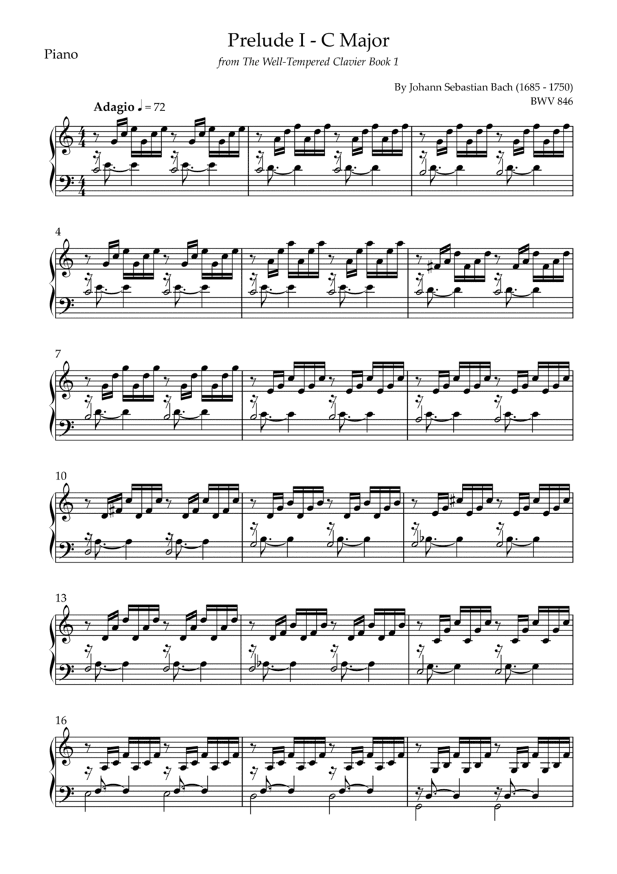 Prelude 1 in C Major BWV 846 (from Well-Tempered Clavier Book 1) for Piano Solo (arr. Fabio Britto)