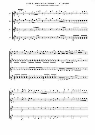Eine kleine Nachtmusik K. 525 A Little Night Music. 1. Allegro - 4 guitars with TAB (arr. Omar Felipe (Spanish guitarist))