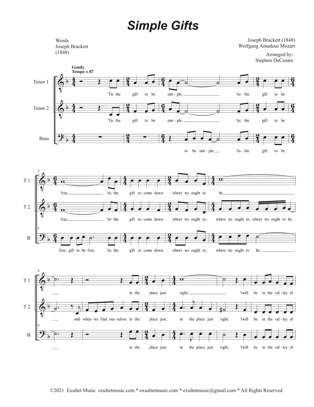 Simple Gifts (Vocal Trio - (TTB) (arr. Stephen DeCesare)