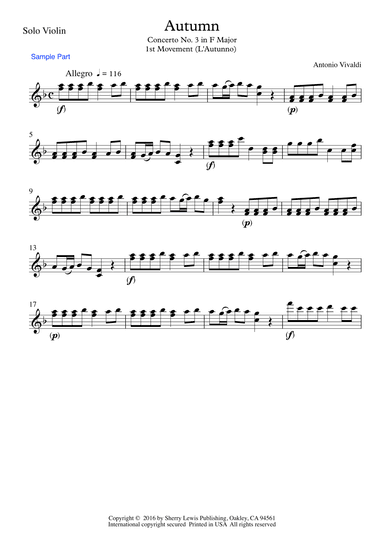 AUTUMN, Allegro by Vivaldi, Violin Solo, Intermediate Level (arr. Sherry Lewis)