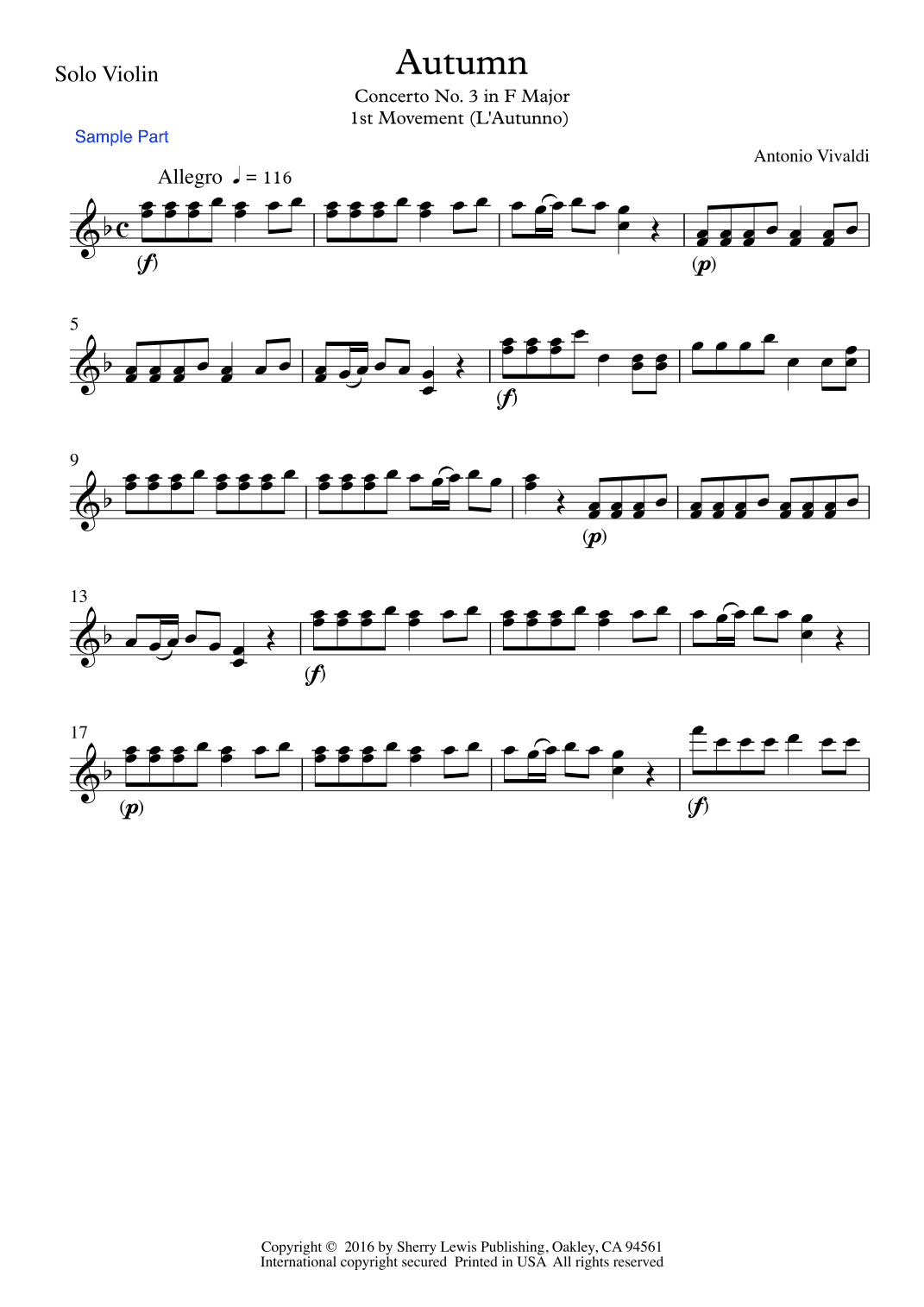 AUTUMN, Allegro by Vivaldi, Violin Solo, Intermediate Level (arr. Sherry Lewis)