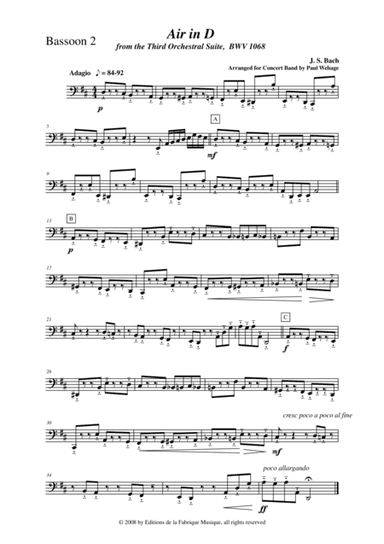 Johann Sebastian Bach/Wehage, Air in D from the Third orchestral suite, BWV 1068 arranged for concer (arr. Musik Fabrik Music Publishing)