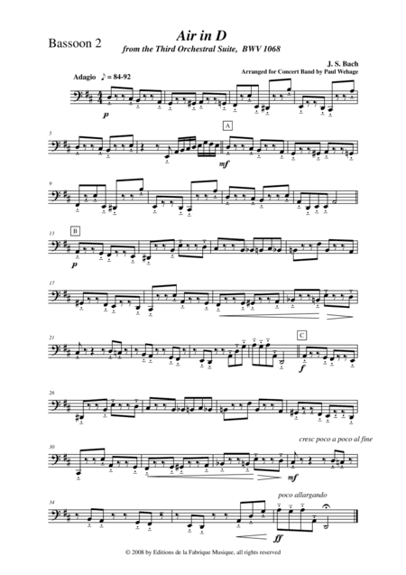 Johann Sebastian Bach/Wehage, Air in D from the Third orchestral suite, BWV 1068 arranged for concer (arr. Musik Fabrik Music Publishing)