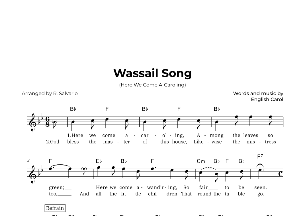 Wassail Song (Here We Come A-Caroling) - Key of B-Flat Major (arr. R. Salvario)