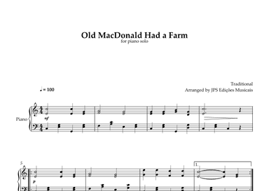 Old MacDonald Had A Farm for piano solo - Intermediate (arr. JPS Edições Musicais)