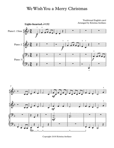 We Wish You a Merry Christmas Piano Trio (1 piano, 6 hands) (arr. Kristina Arellano)