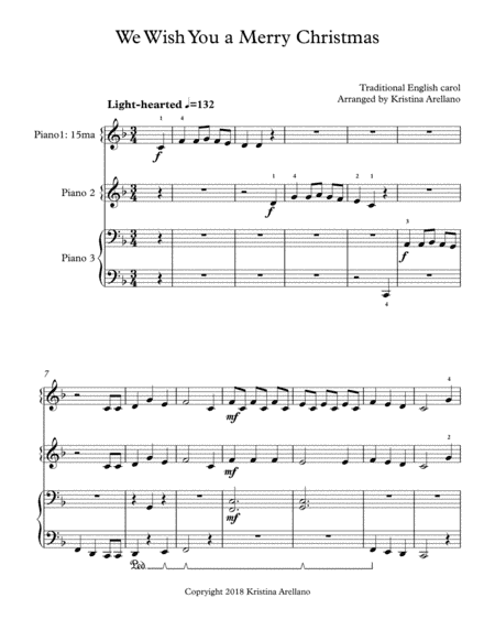We Wish You a Merry Christmas Piano Trio (1 piano, 6 hands) (arr. Kristina Arellano)