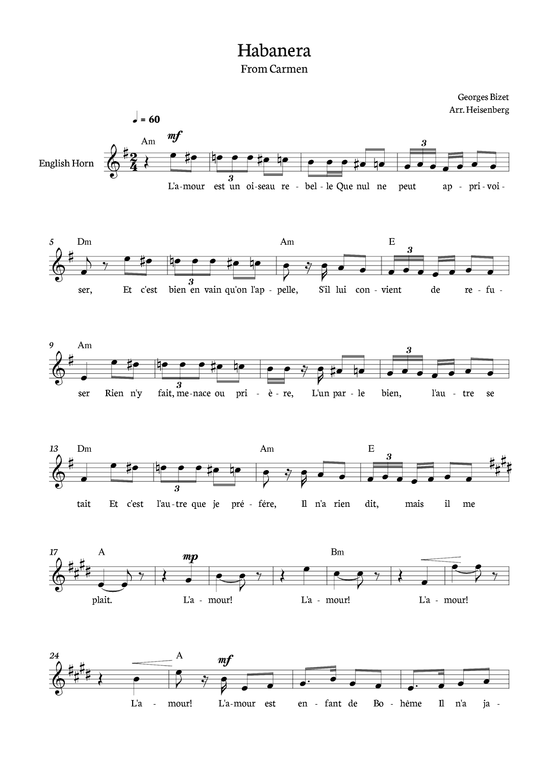 Habanera from Carmen for English Horn with chords (arr. Heisenberg)