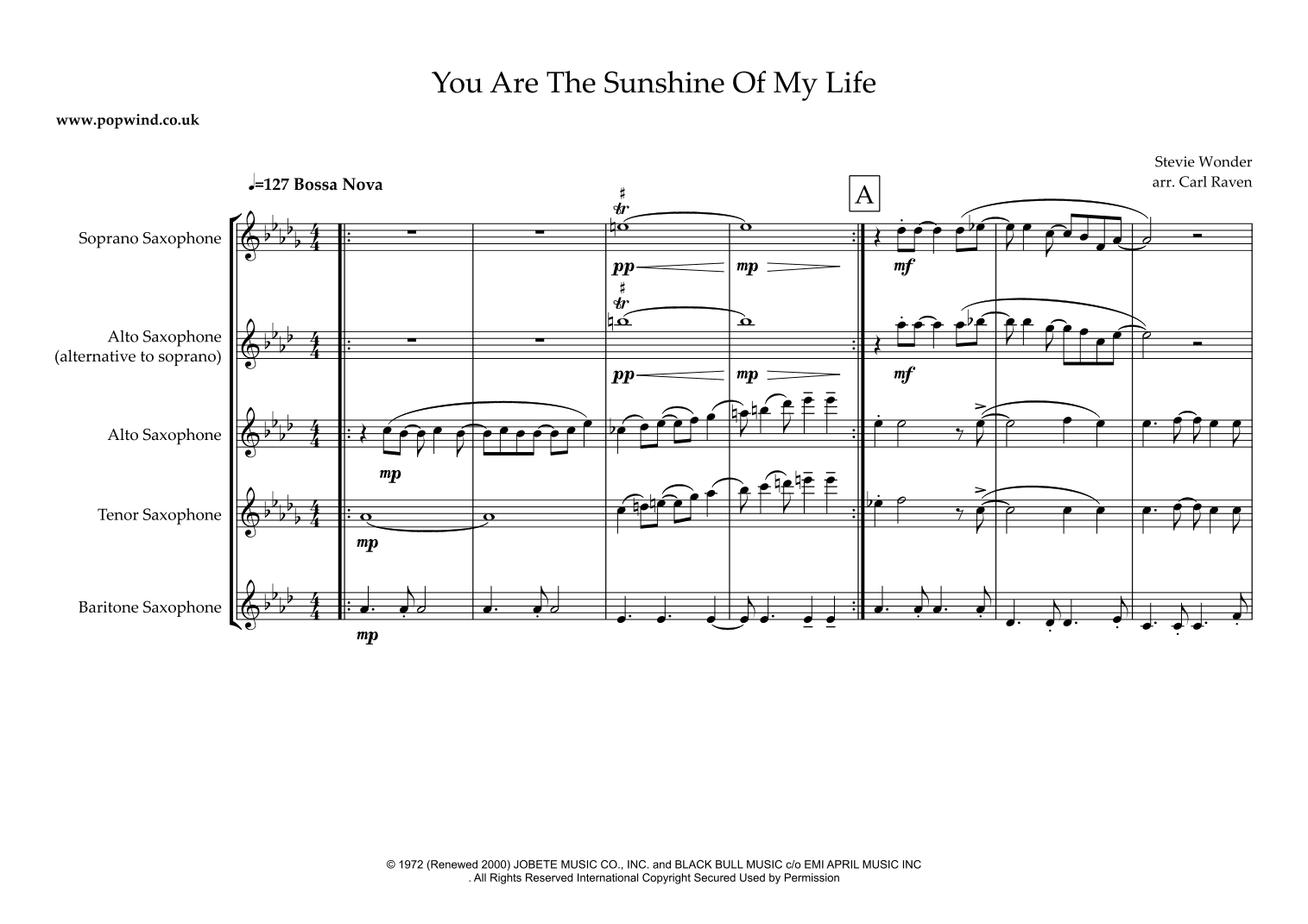 You Are The Sunshine Of My Life (arr. Carl Raven)