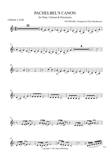 Pachelbel's Cannon - for Flute, Clarinet & Percussion - CLARINET 1 part (arr. Ellen Macpherson)