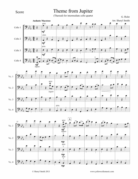 Theme from Jupiter (Thaxted), arranged for four intermediate cellos (cello quartet) (arr. Yellow Cello Music)
