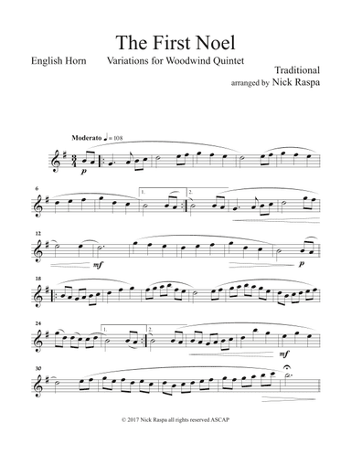 The First Noel (Variations for WW Quintet - fl ca cl F hrn. ban) English Horn part (arr. Nick Raspa)