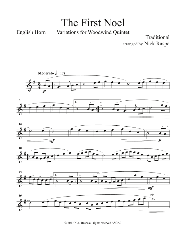 The First Noel (Variations for WW Quintet - fl ca cl F hrn. ban) English Horn part (arr. Nick Raspa)