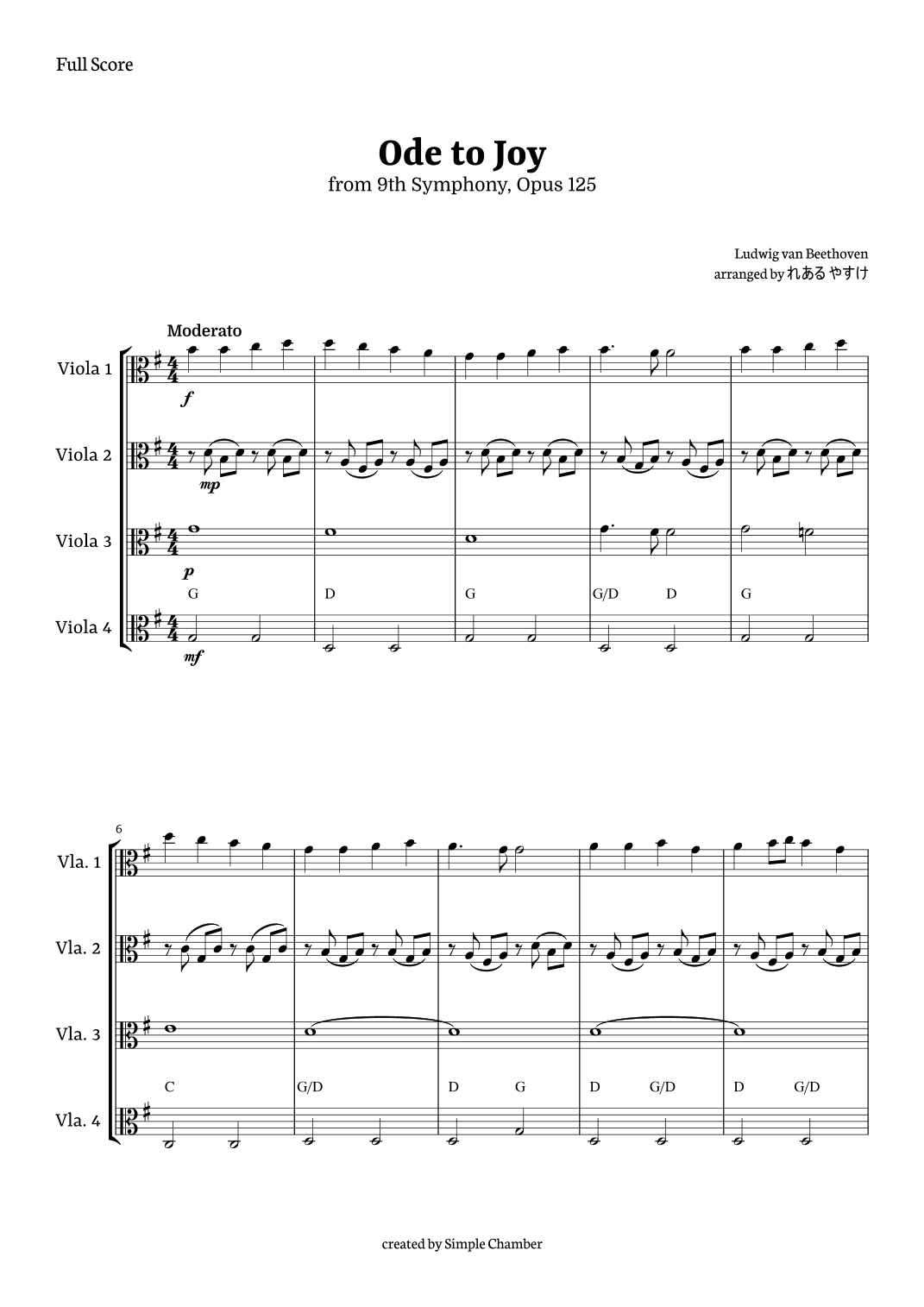 Ode to Joy for Viola Quartet by Beethoven Opus 125 (arr. れある やすけ)