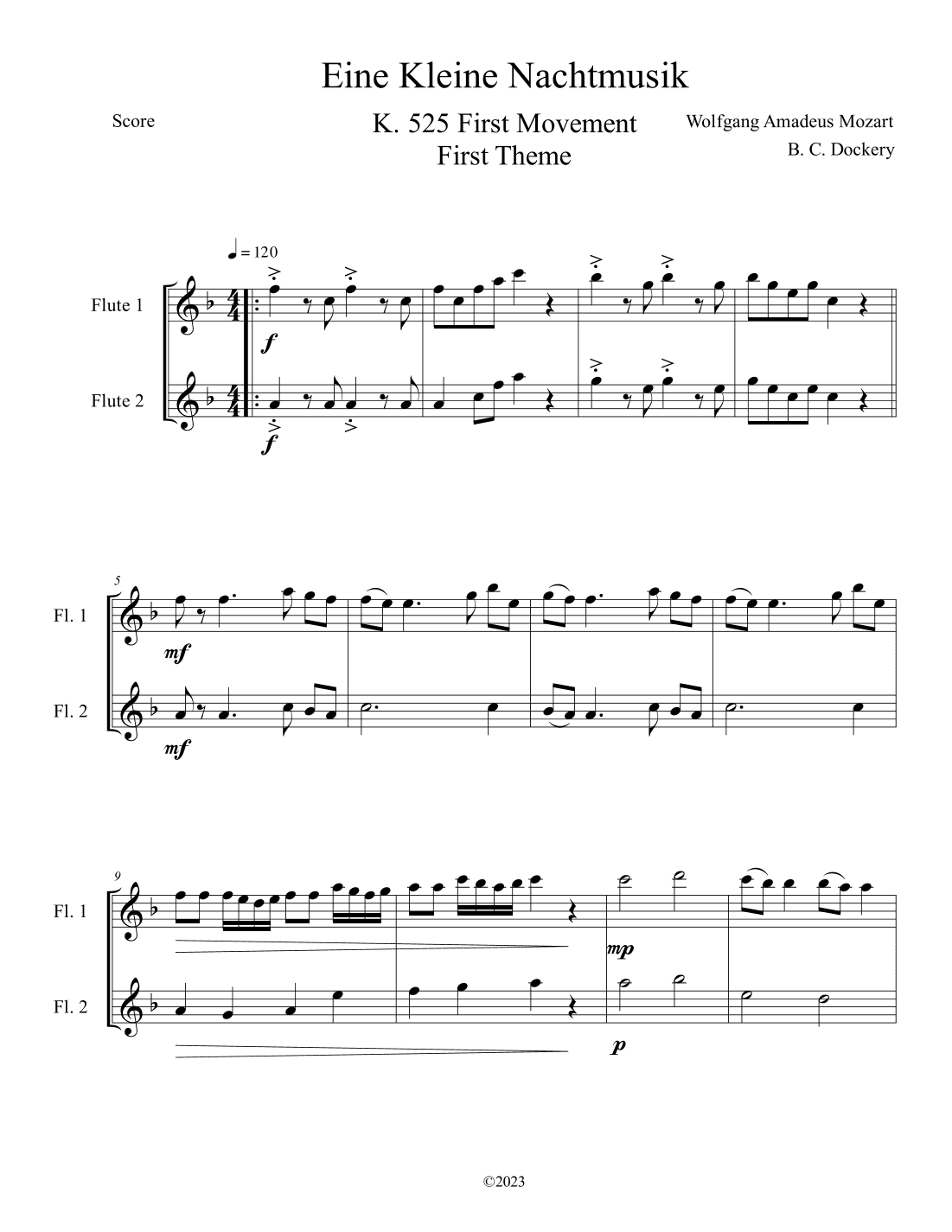 Eine Kleine Nachtmusik (A Little Night Music) K. 525 Mvmt. I for Flute Duet (arr. B. C. Dockery)