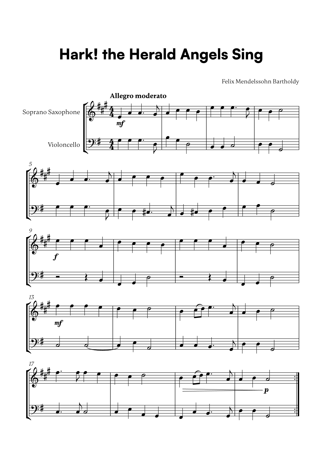 Felix Mendelssohn Bartholdy - Hark the Herald Angels Sing (for Soprano Saxophone and Cello) (arr. Cadenza Editions)