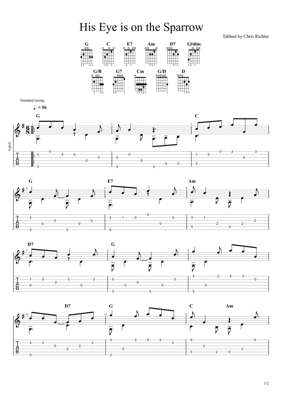 His Eye Is On the Sparrow (Solo Fingerstyle Guitar Tab) (arr. Chris Richter)