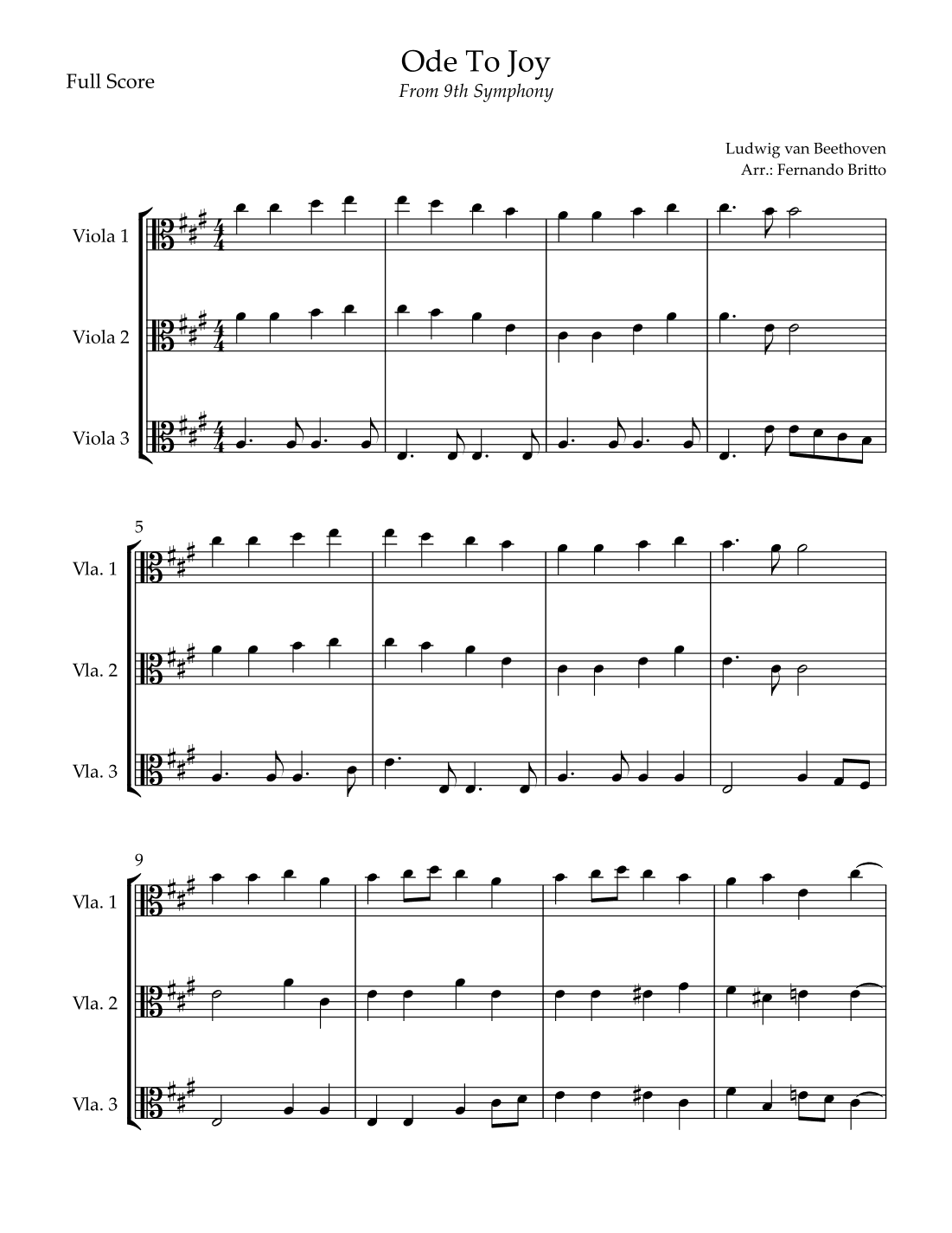 Ode To Joy Theme (from Beethoven's 9th Symphony) for Viola Trio (arr. Fernando Britto)
