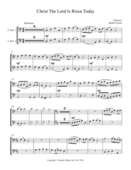 Christ The Lord Is Risen Today (bass C instrument duet, parts only) (arr. Sandra Zylstra)