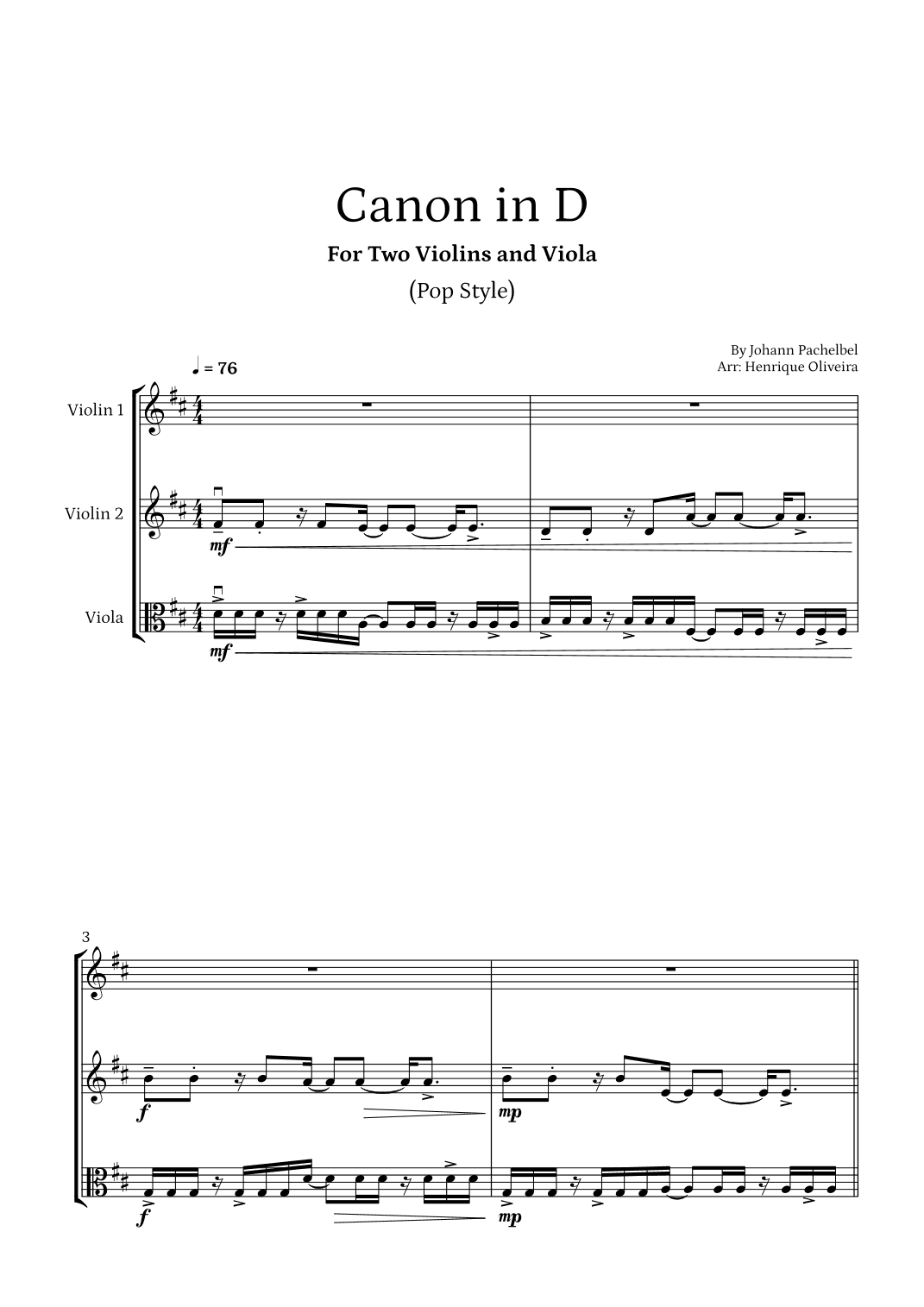 Canon in D (Pop Style) - For Two Violins and Viola (arr. Henrique Oliveira)