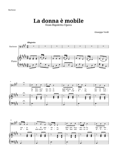 La donna è mobile in E major for Baritone and Piano (arr. Langanho)