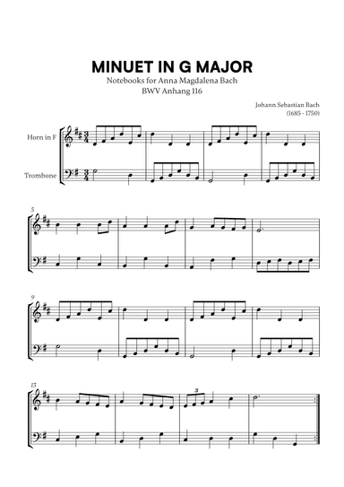 Minuet in G Major (BWV Anh. 116) (for French Horn and Trombone) (arr. Cadenza Editions)