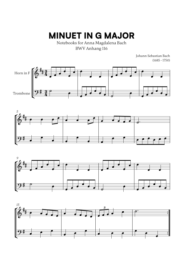 Minuet in G Major (BWV Anh. 116) (for French Horn and Trombone) (arr. Cadenza Editions)