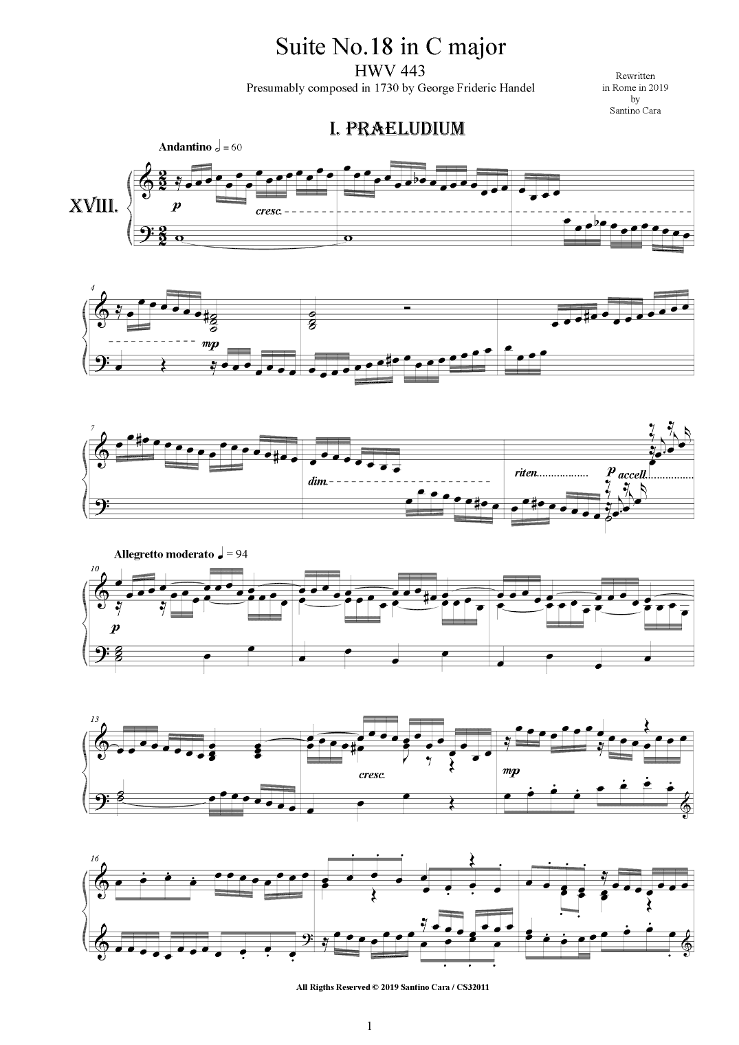 Handel - Piano Suite No.18 in C major HWV 443 (arr. Santino Cara)