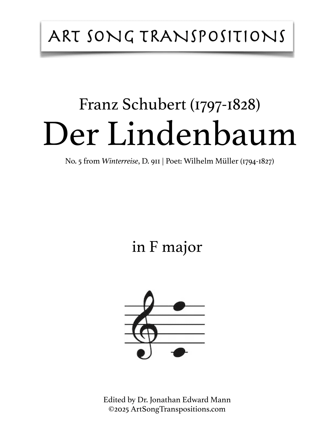 SCHUBERT: Der Lindenbaum, D. 911 no. 5 (transposed to F major) (arr. ArtSongTranspositions.com)