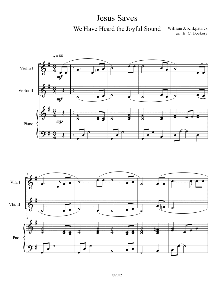 Jesus Saves (We Have Heard the Joyful Sound) Violin Duet with Piano (arr. B. C. Dockery)