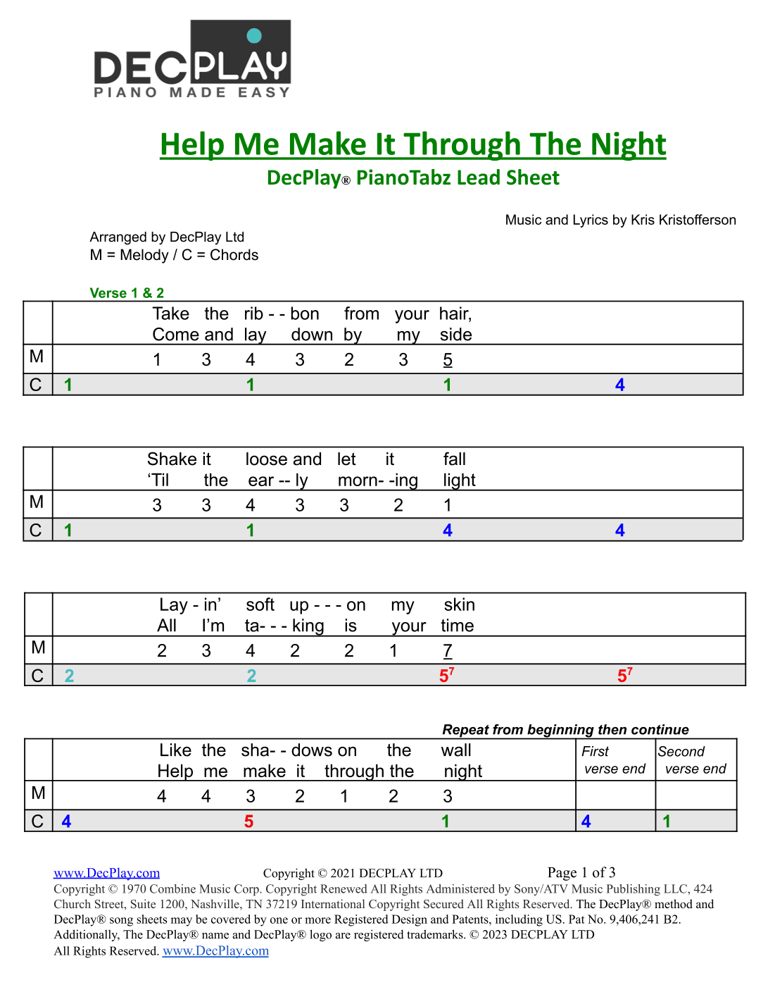 Help Me Make It Through The Night (arr. DecPlay Ltd)