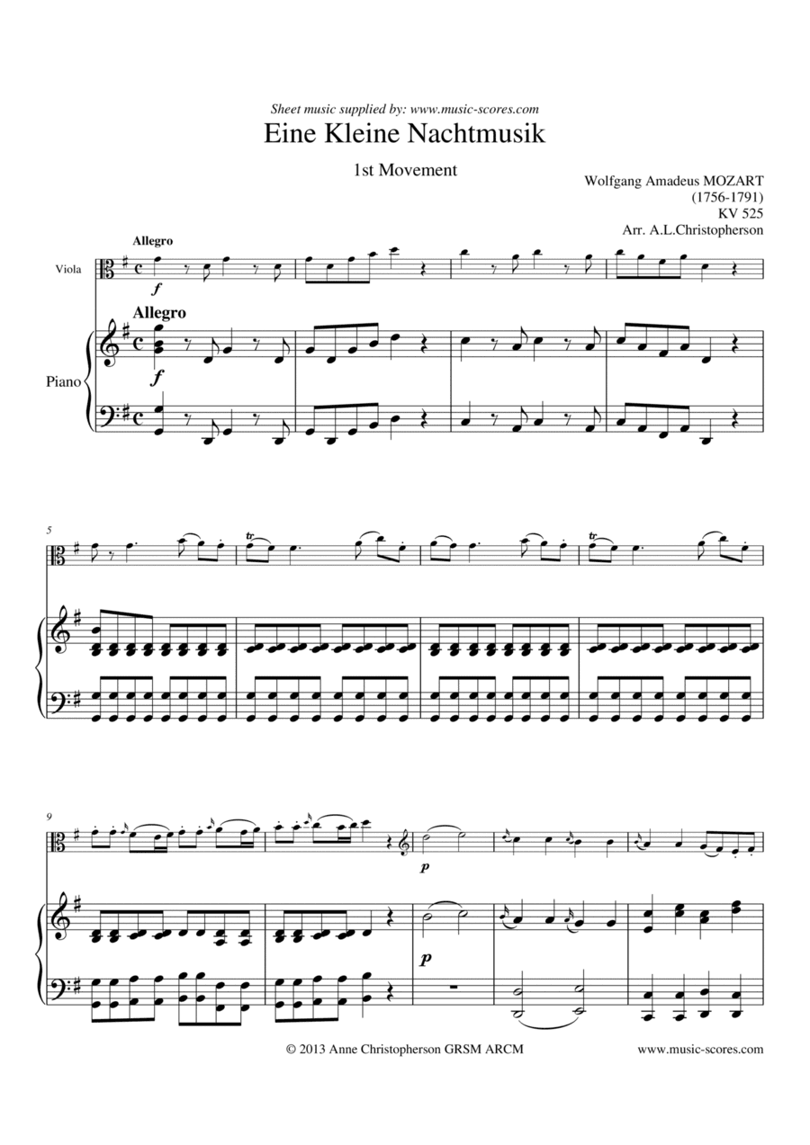 Eine Kleine Nachtmusik - Allegro 1st movement - Viola and Piano (arr. Anne L Christopherson GRSM ARCM)