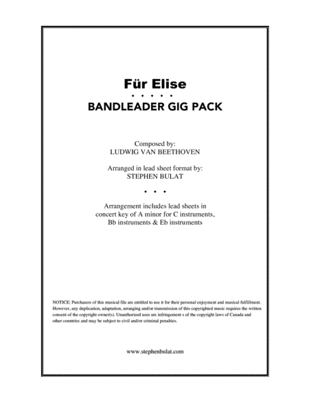 Für Elise (Beethoven) - Bandleader Gig Pack: Lead sheet for C, Bb & Eb instruments (arr. Stephen Bulat)