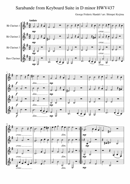 Handel : Sarabande from Keyboard Suite in D minor HWV437 (for clarinet quartet) (arr. Shimpei Kojima)