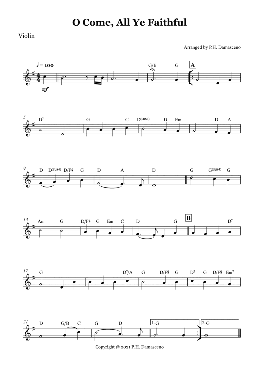 O Come, All Ye Faithful - Violin Solo with Chords (arr. P.H. Damasceno)