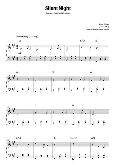 Silent Night (easy-intermediate piano in A major – clean with chords) (arr. Bernardo Pereira)