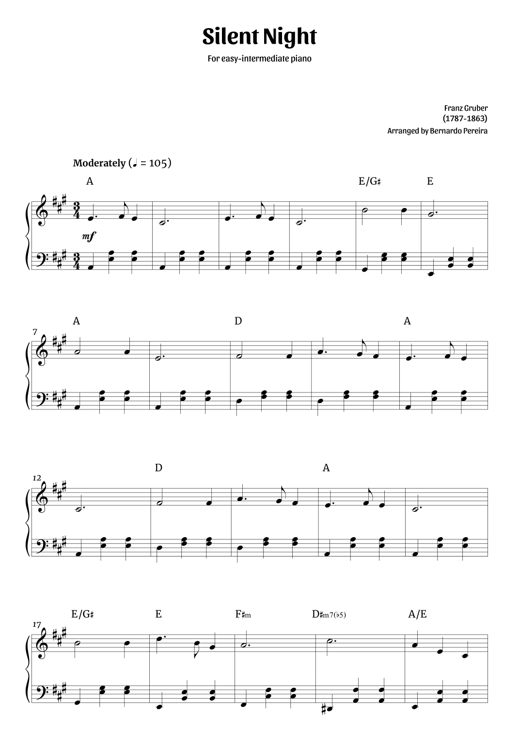 Silent Night (easy-intermediate piano in A major – clean with chords) (arr. Bernardo Pereira)