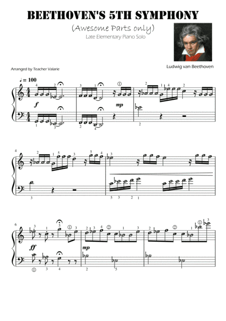 Beethoven's 5th Symphony - Piano Solo Grade 1 (awesome parts only) with note names (arr. Harmony Valarie @ Teacher Valarie)
