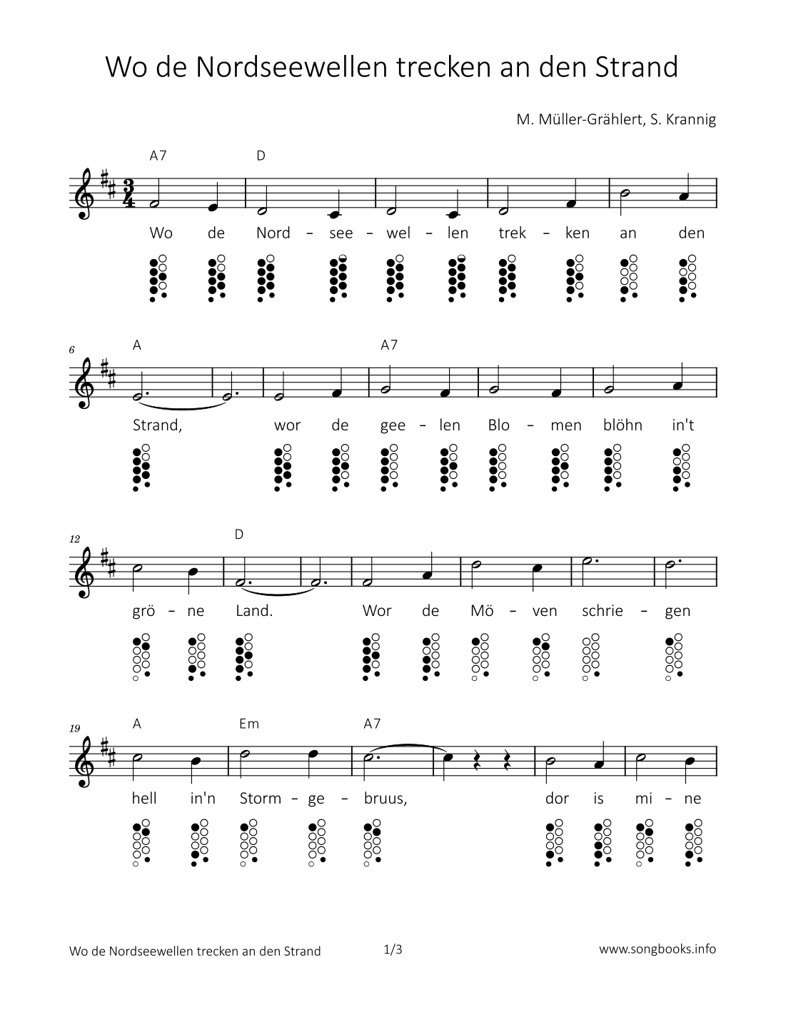 Wo de Nordseewellen trecken an den Strand (arr. songbooks.info)