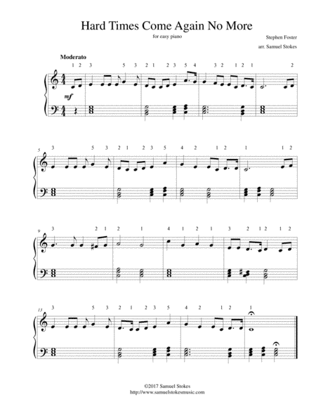 Hard Times Come Again No More - for easy piano (arr. Samuel Stokes)