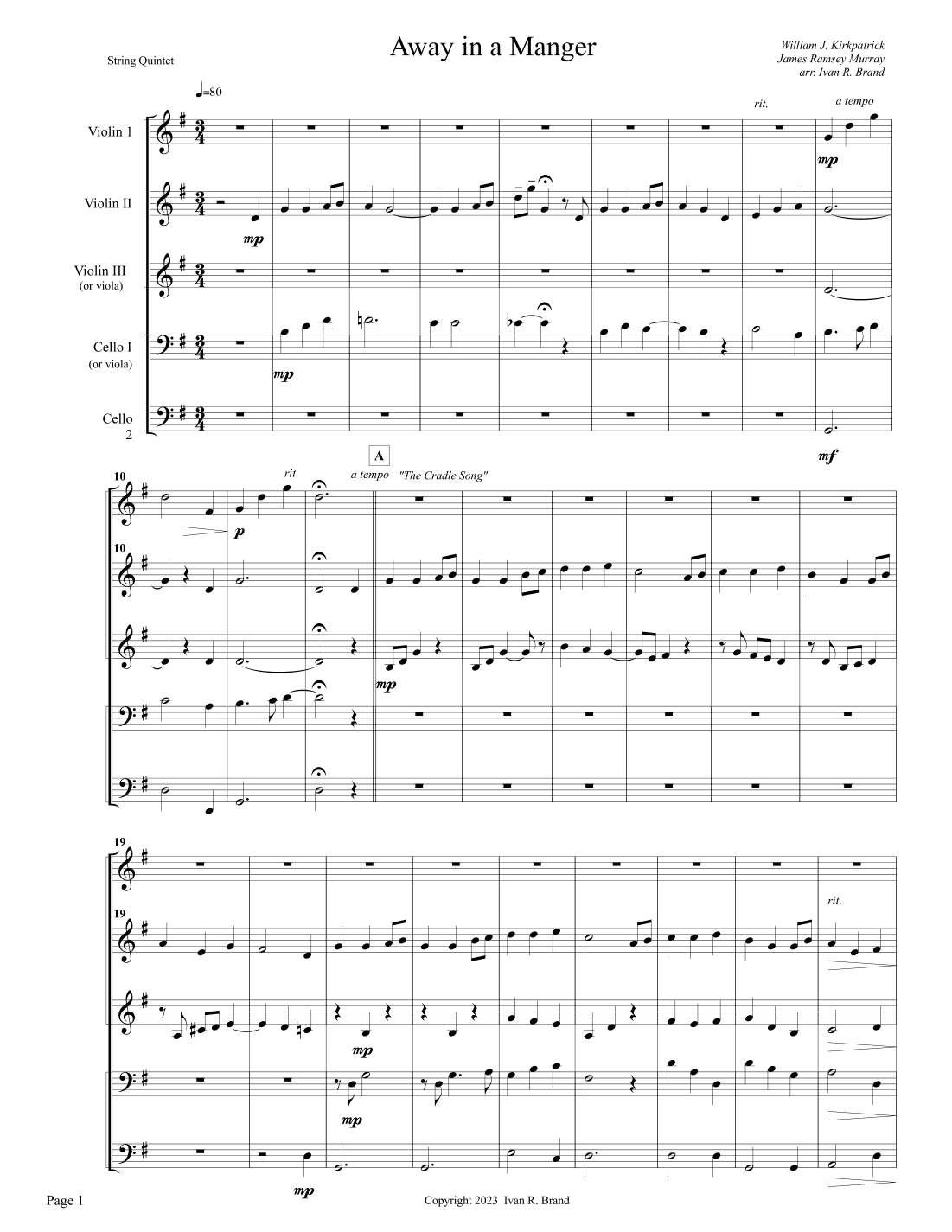 Away in a Manger - for string quintet (arr. Ivan Brand)