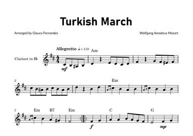 Turkish March by Mozart - Clarinet Solo with Chord Notations (arr. Glauco Fernandes)