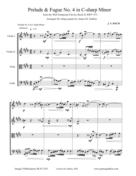 BACH: Prelude & Fugue No. 4 in C-sharp Minor, BWV 873 for String Quartet (arr. James M. Guthrie)
