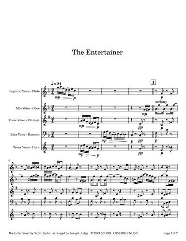 The Entertainer by Scott Joplin for Woodwind Quartet in Schools (arr. Joseph Judge)