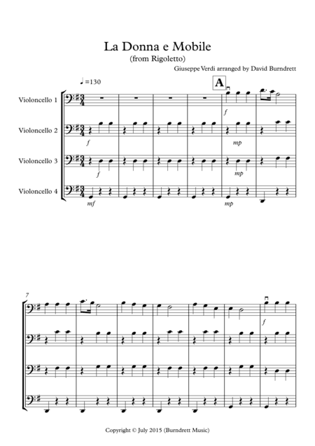 La Donna e Mobile (from Rigoletto) for Cello Quartet (arr. David Burndrett)