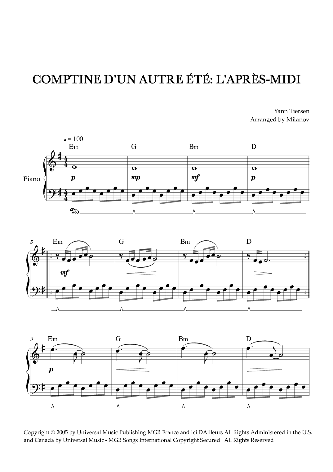 Comptine D'un Autre Été: L'après-midi (arr. Milanov)