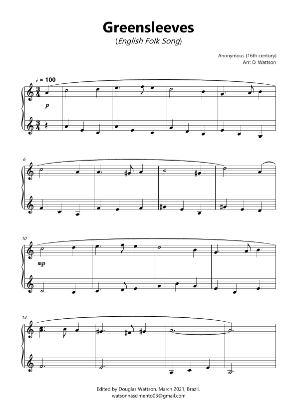 Greensleeves piano sheet music (arr. D. Wattson)